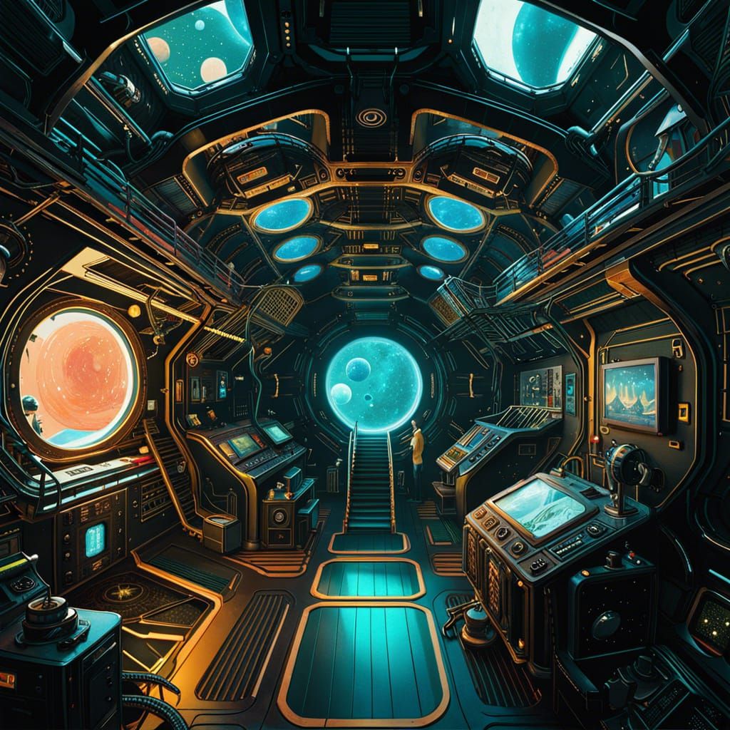 Creepy Black Space Station Interior in Retro Photorealism