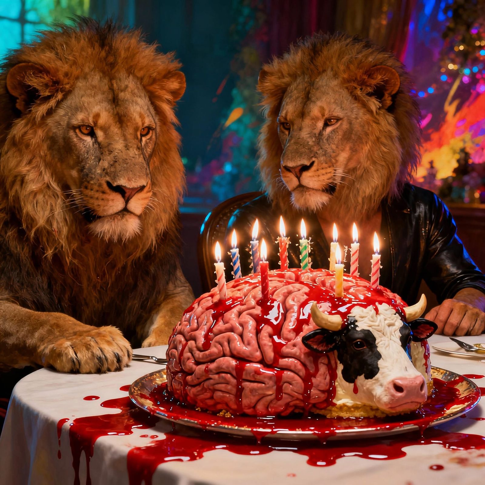 Humanoid Lions at a Macabre Birthday Feast