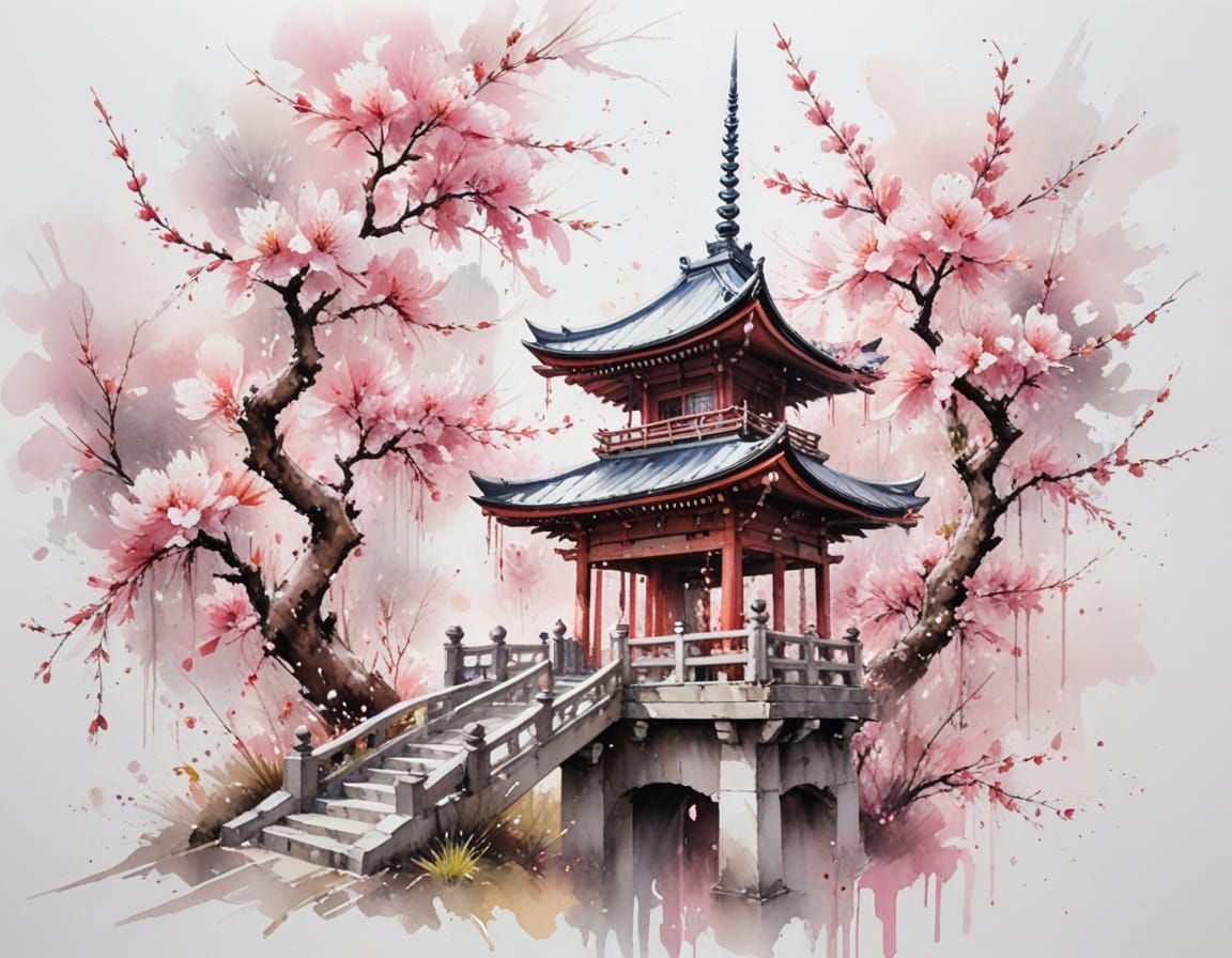Japanese Pagoda Amidst Cherry Blossoms in Watercolour