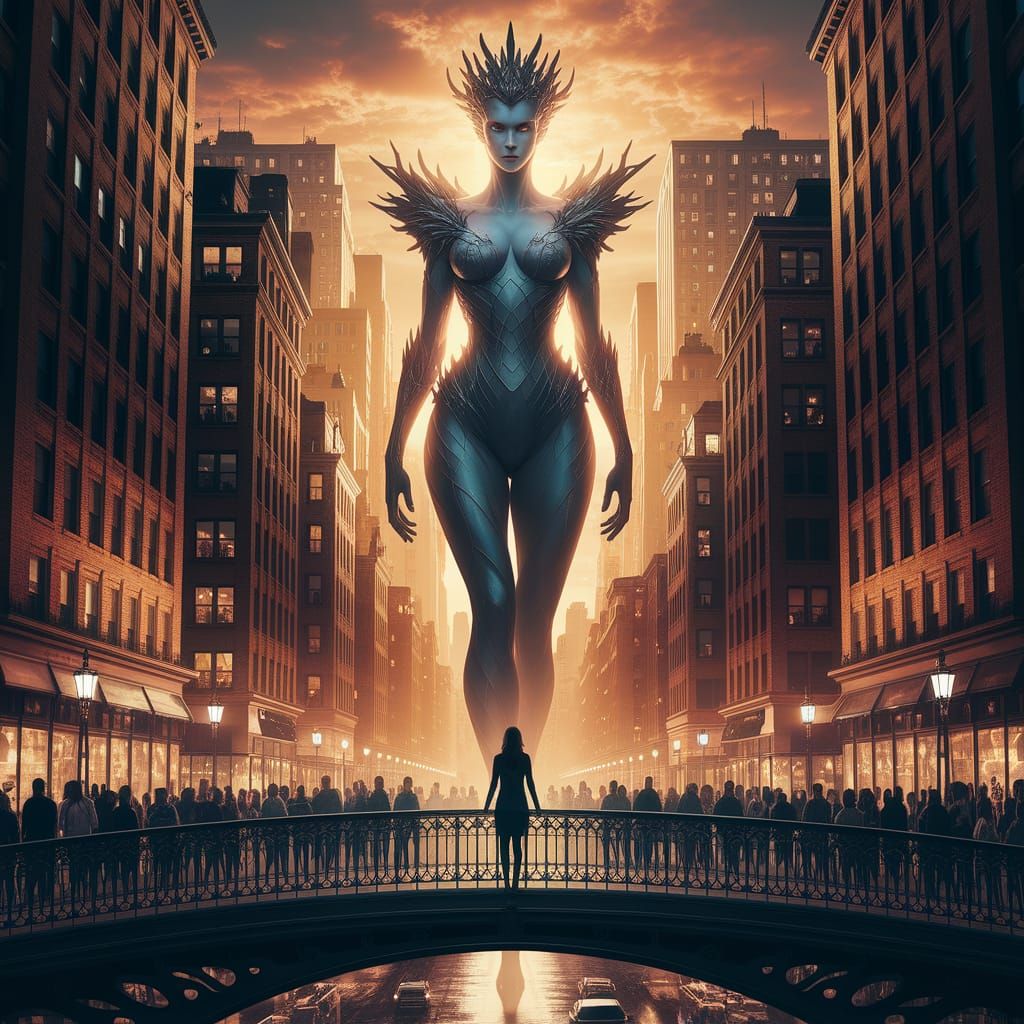 Enormous Regal Figure Dominates Cityscape in Digital Art
