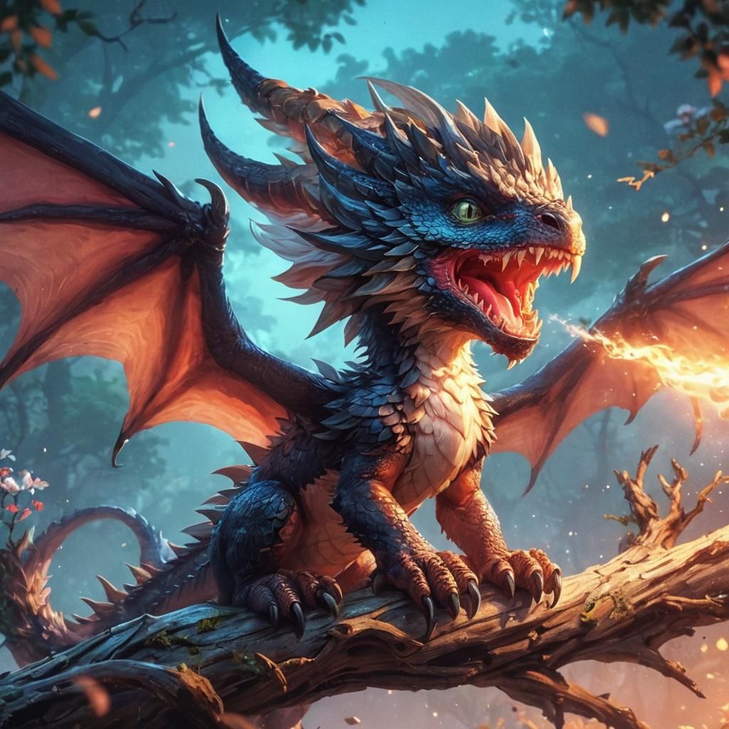 Adorable Wyvern Roaring on Branch in Anime Style