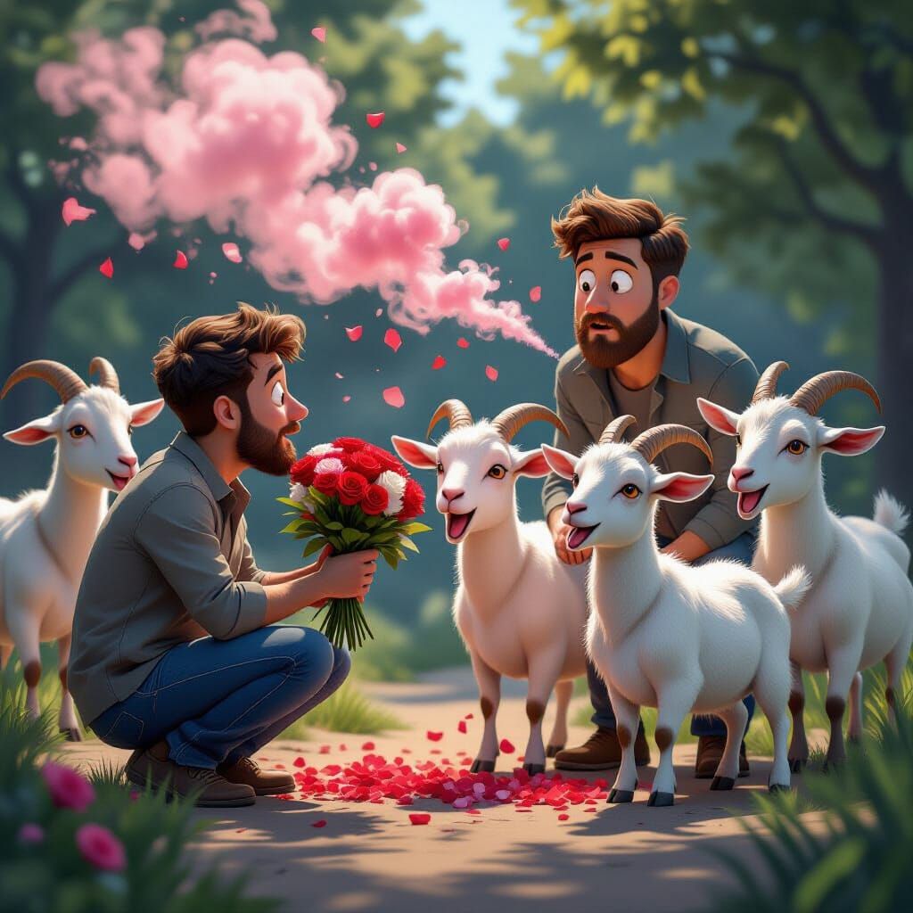 Cartoon Man Gives Flowers to Embarrassed Goats