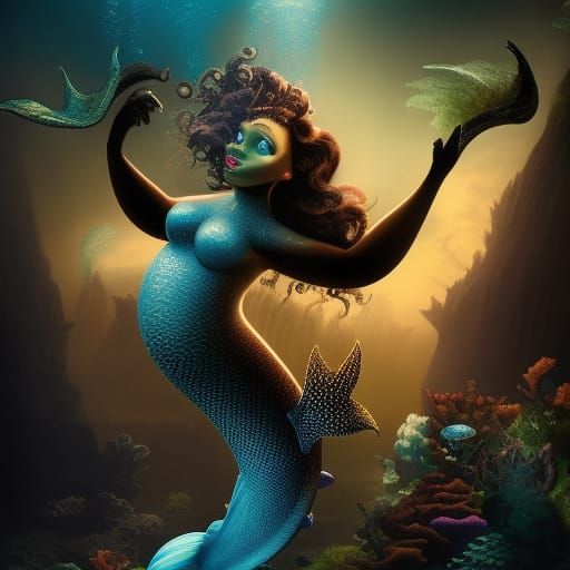 Black Queen Mermaid with Dragons, Digital Matte Painting