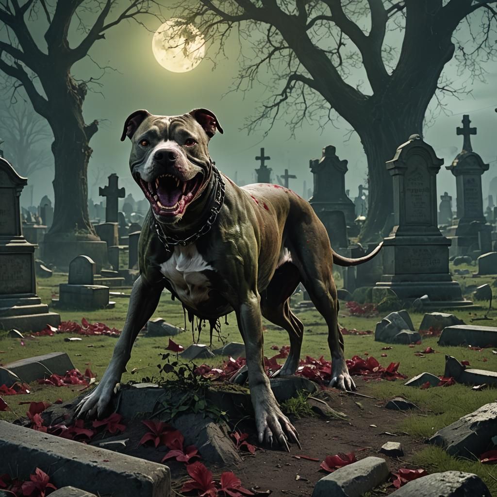 Demonic Pitbull Attacks Zombie in Cemetery, 3D Render