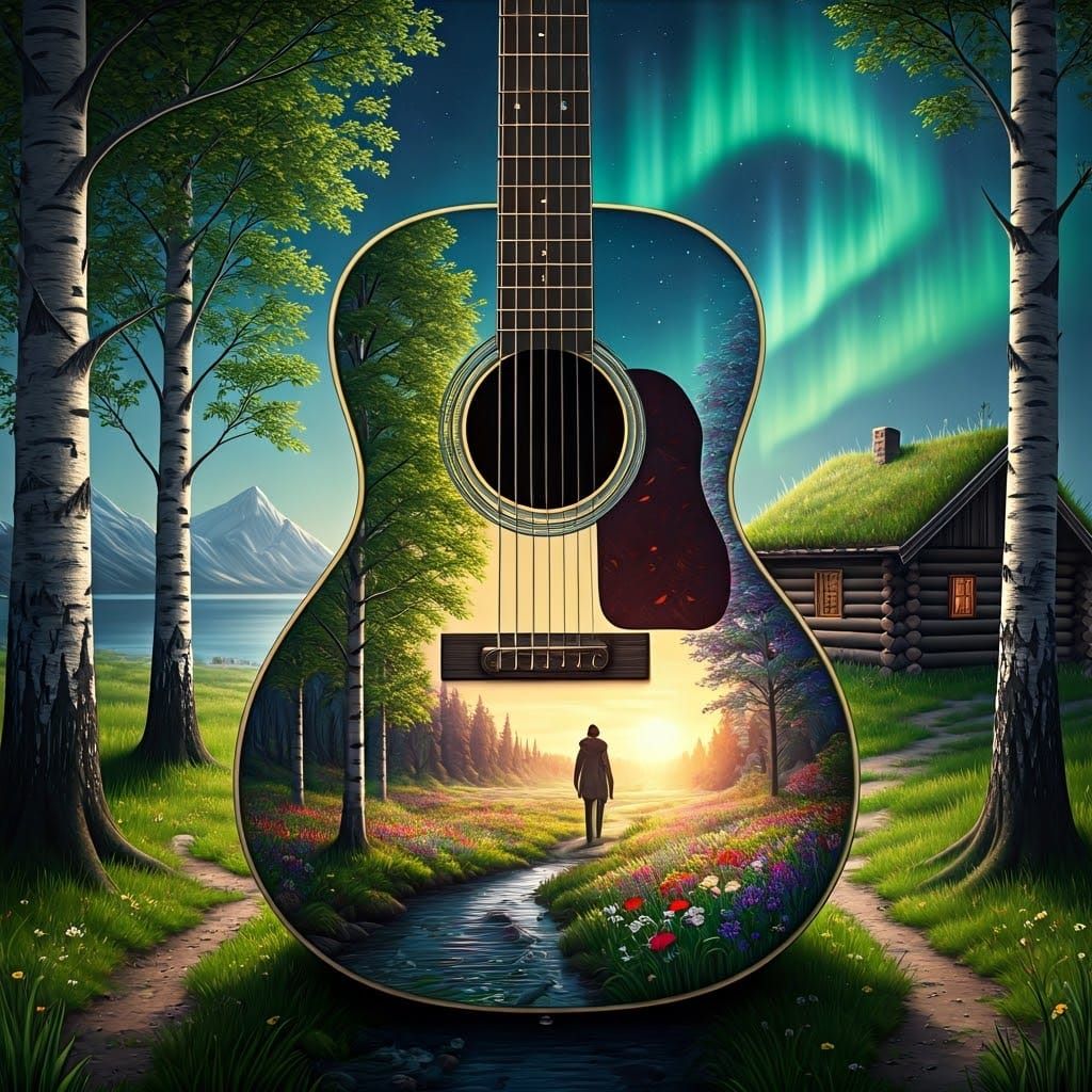 Surreal Norwegian Landscape Unfolds Within a Classic Guitar