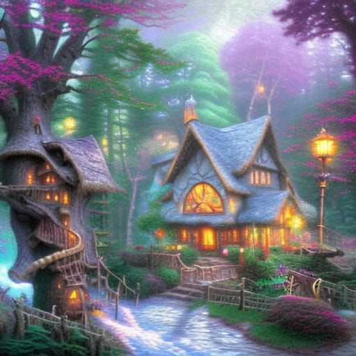 Ethereal Treehouse Village in Fantasy Landscape