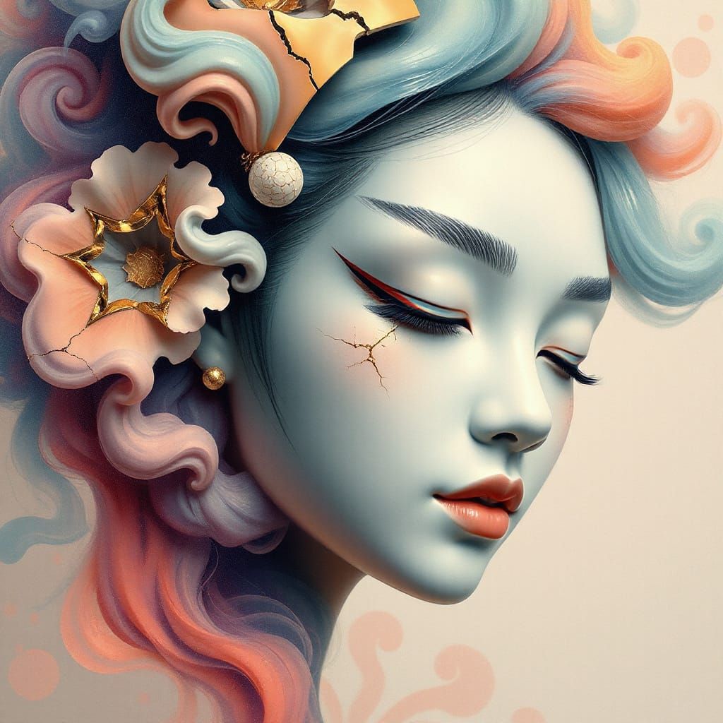 Enchanted Geisha Face with Golden Cracks