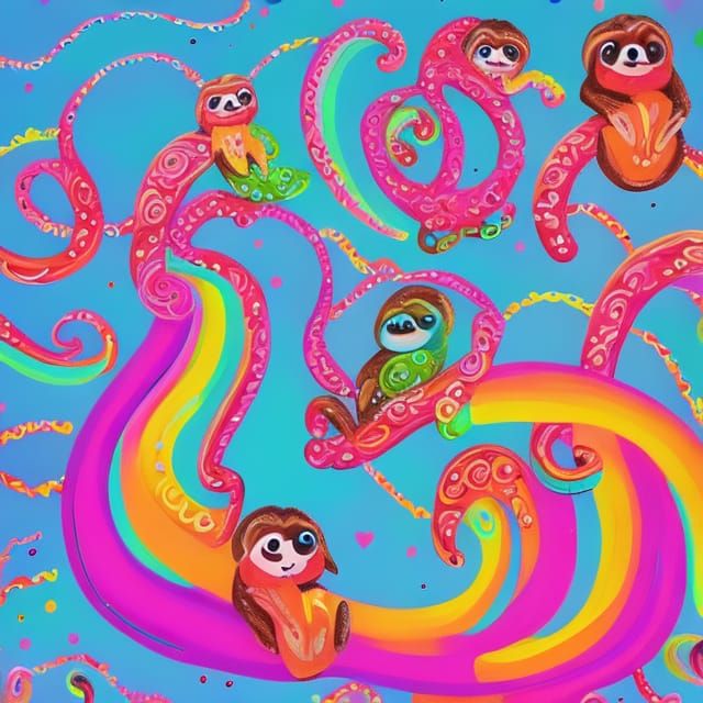 Happy Sloths Skydiving in a Neon Wonderland