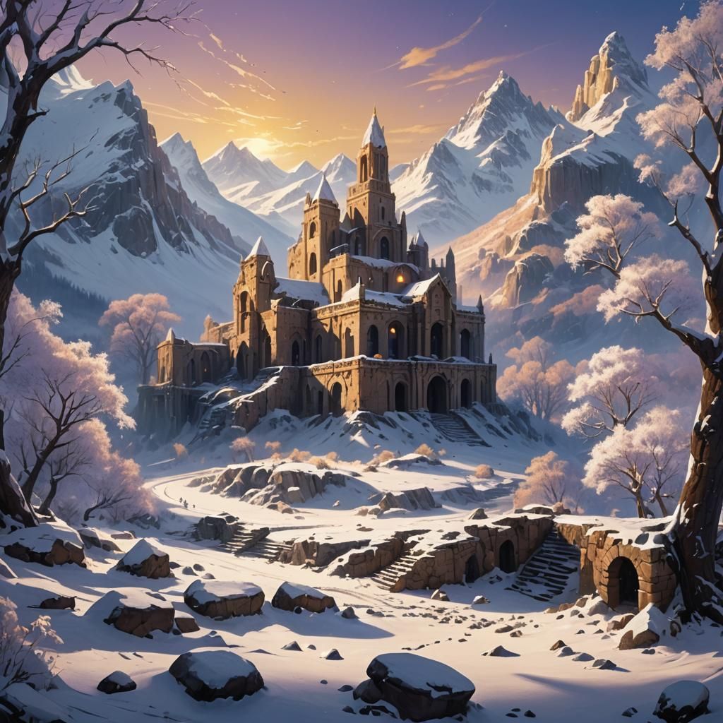 Snowy Ruins at Mountain Base in Golden Light