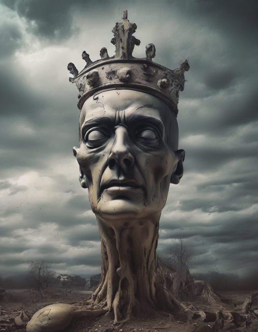 Surreal King in Wasteland with Melting Clocks