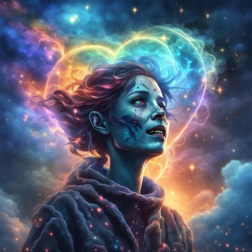 Flying Zombie Girl with Blue Aura in Cyberpunk Style