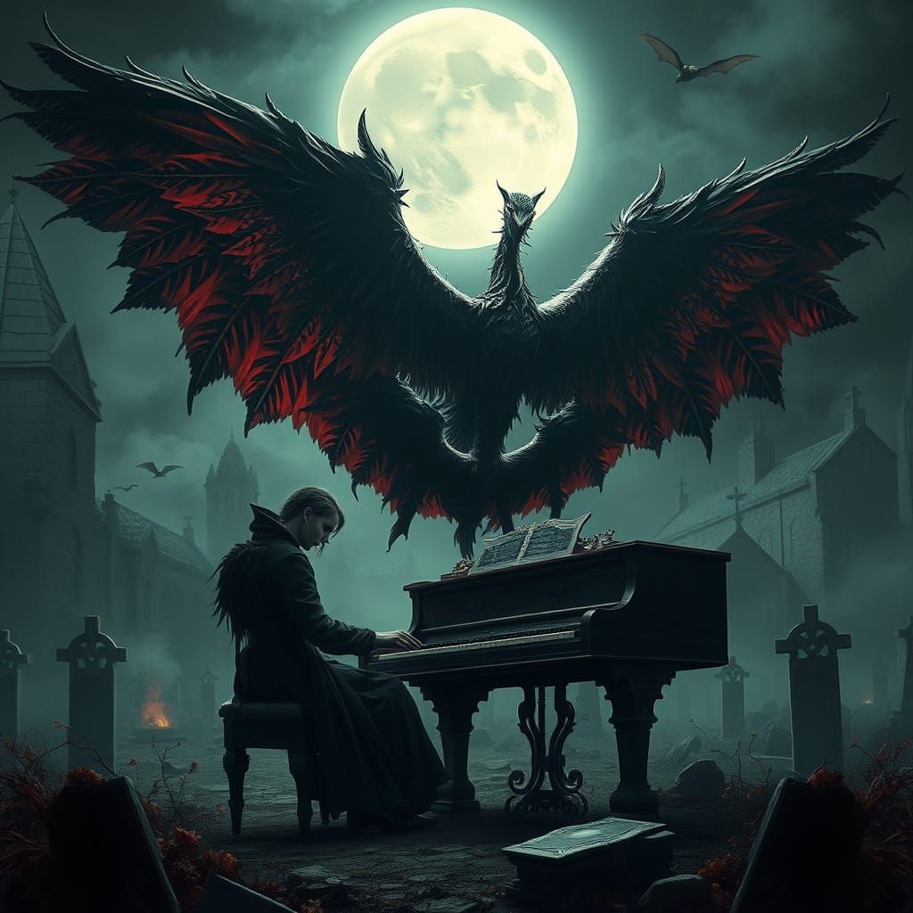 Vampire Playing Piano in Moonlit Graveyard