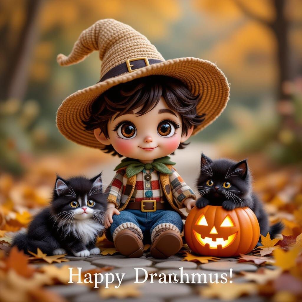 Crochet Witch Boy Sculpture with Black Kitten and Autumn Lea...