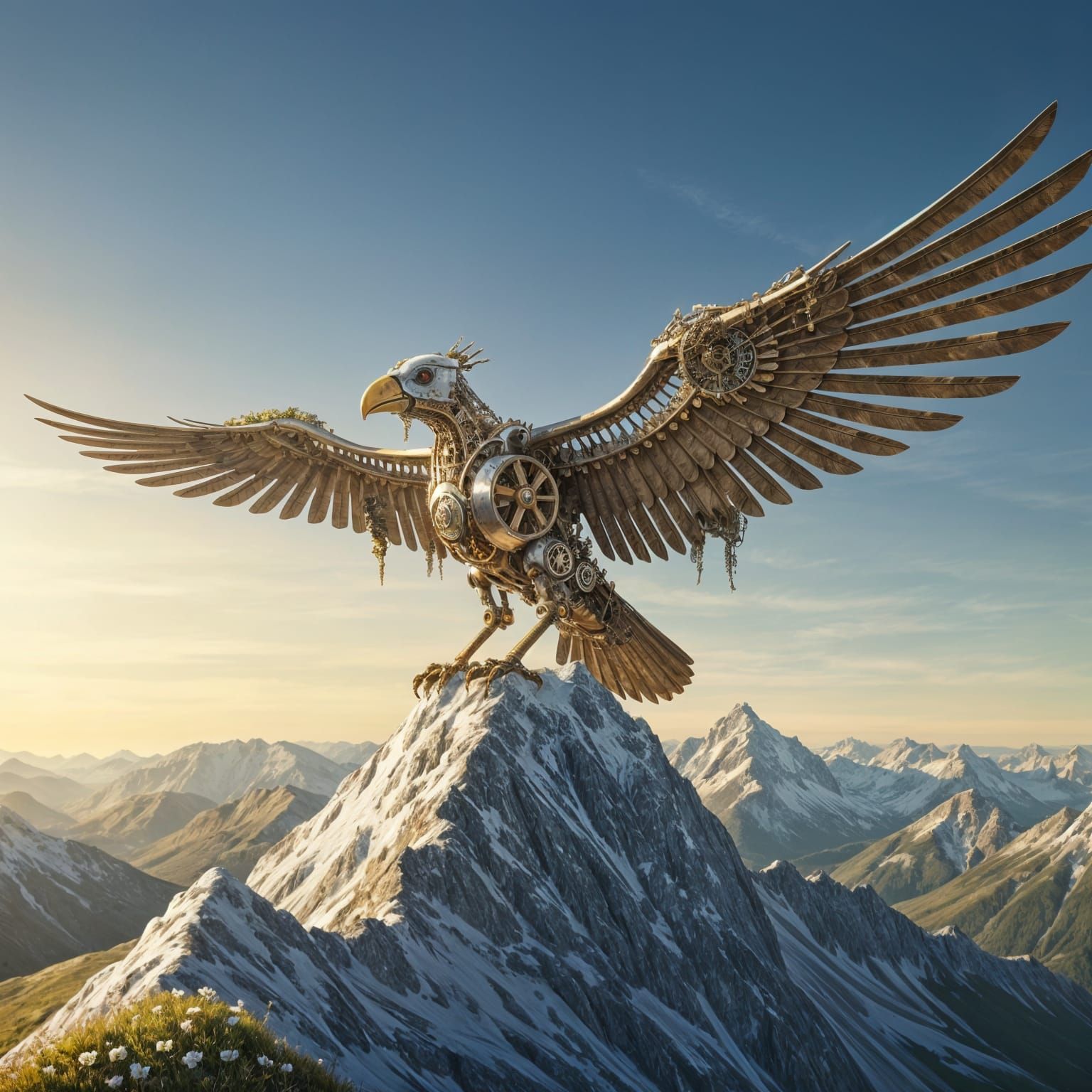 Colossal Clockwork Bird Over Mountains