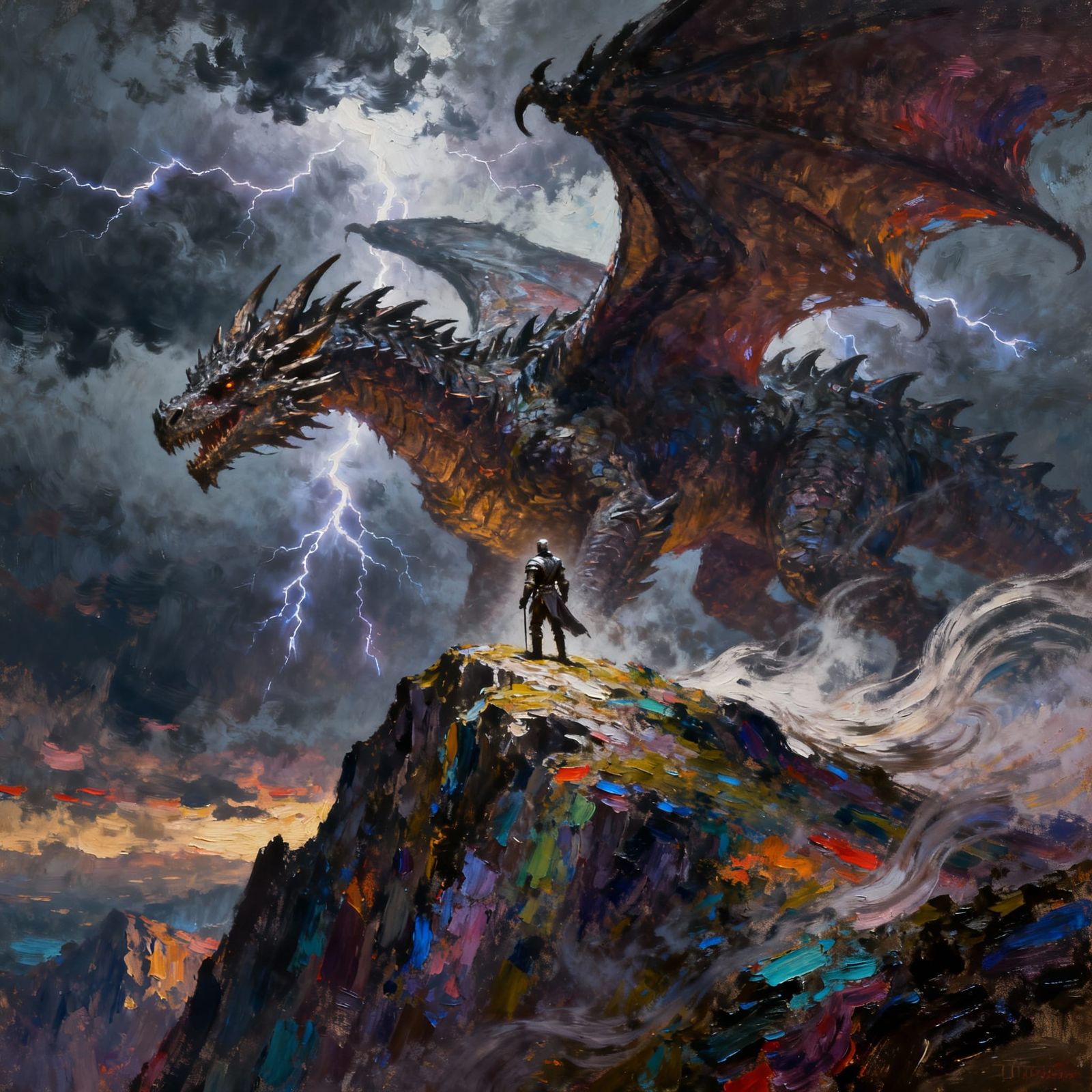 Knight Faces Colossal Dragon in Dark Fantasy Epic