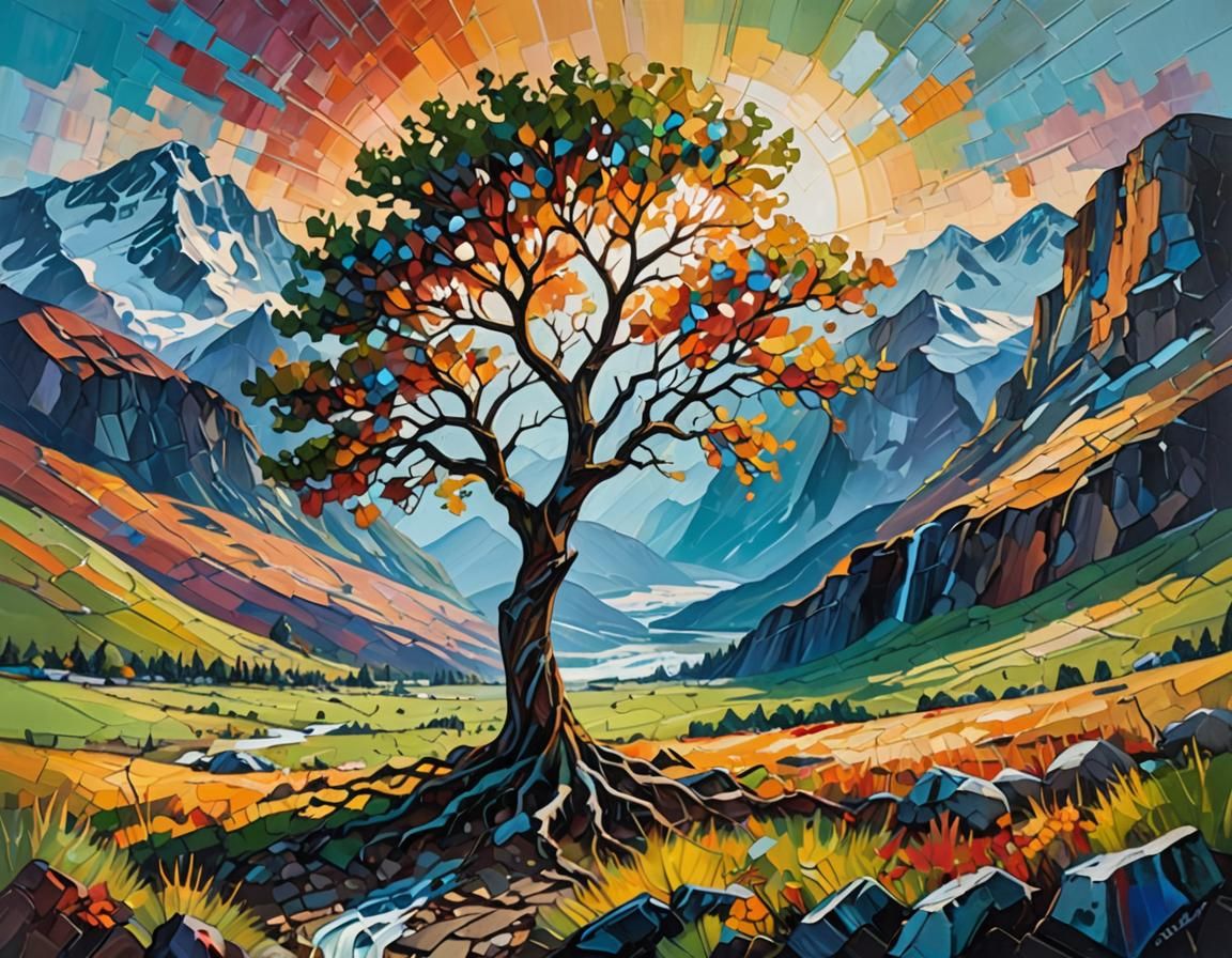 Lone Tree's Expressionist Valley: Impasto Oil Painting