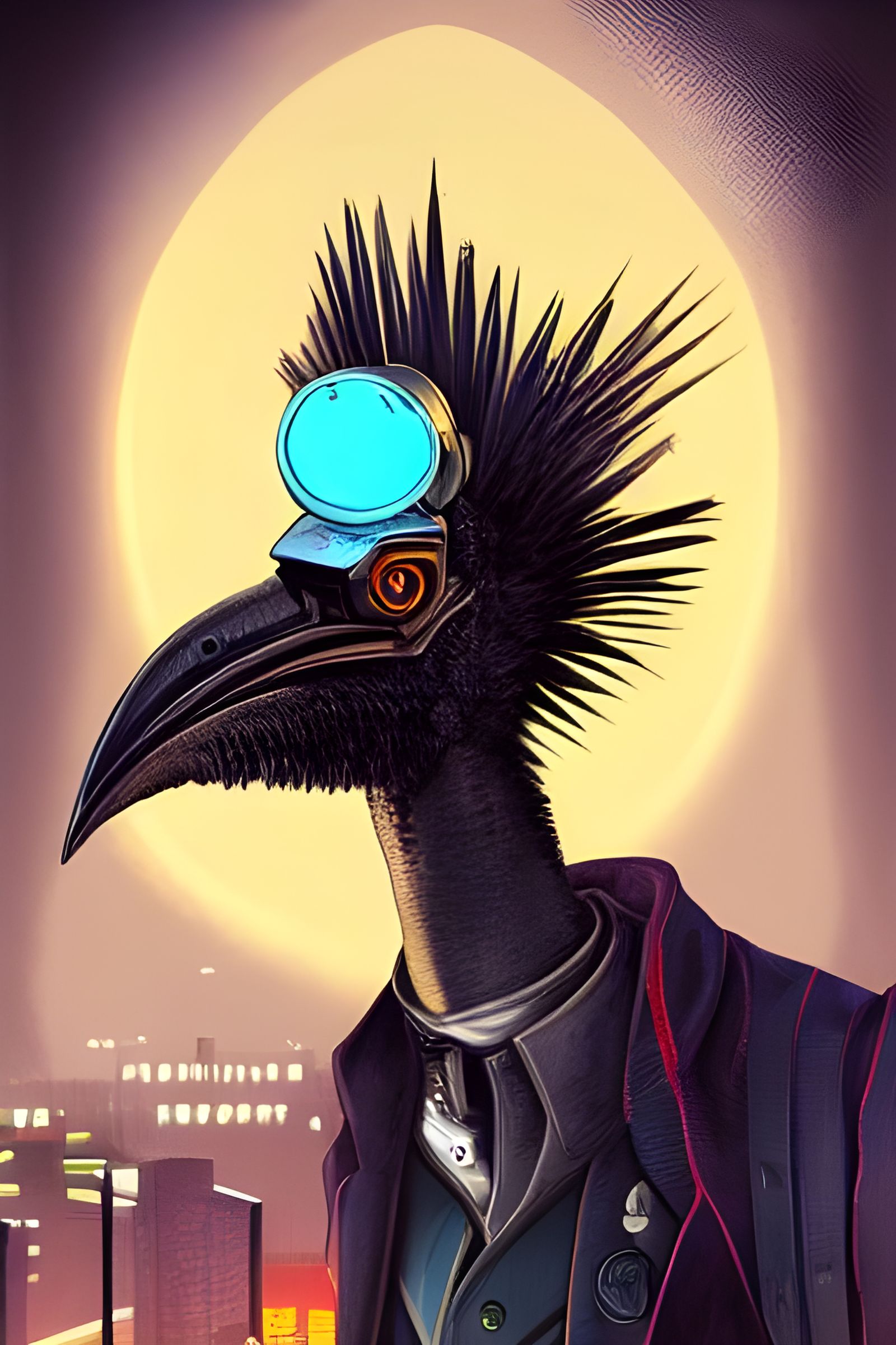 Steampunk Cassowary in Cyberpunk City: Digital Illustration