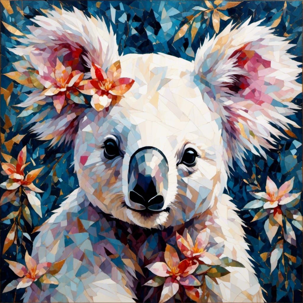 Cubist Koala Among Orchids Impasto Painting