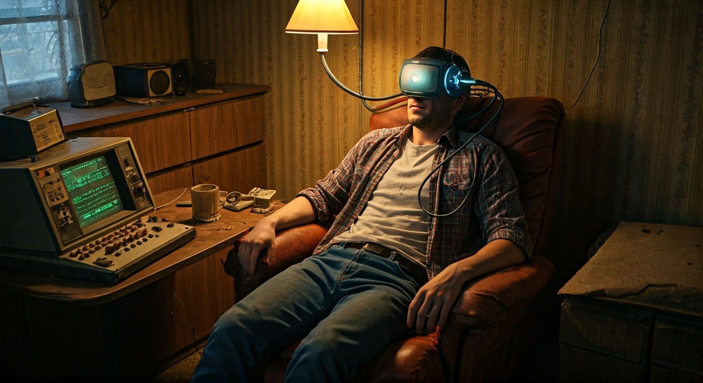 Retro-Futuristic Neurocaster Scene in Dystopian Style