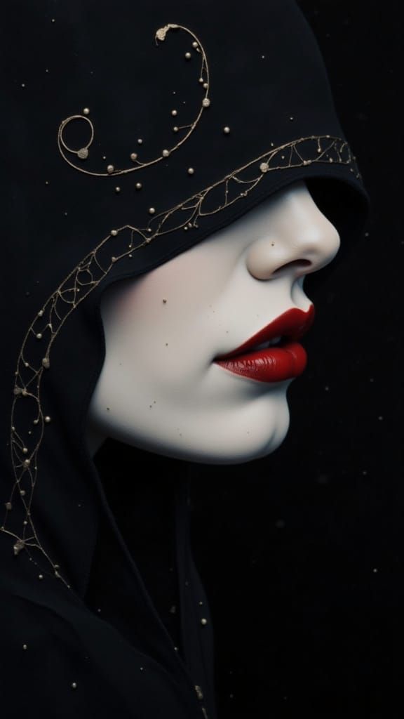Mysterious Woman in Hooded Cloak with Red Lips