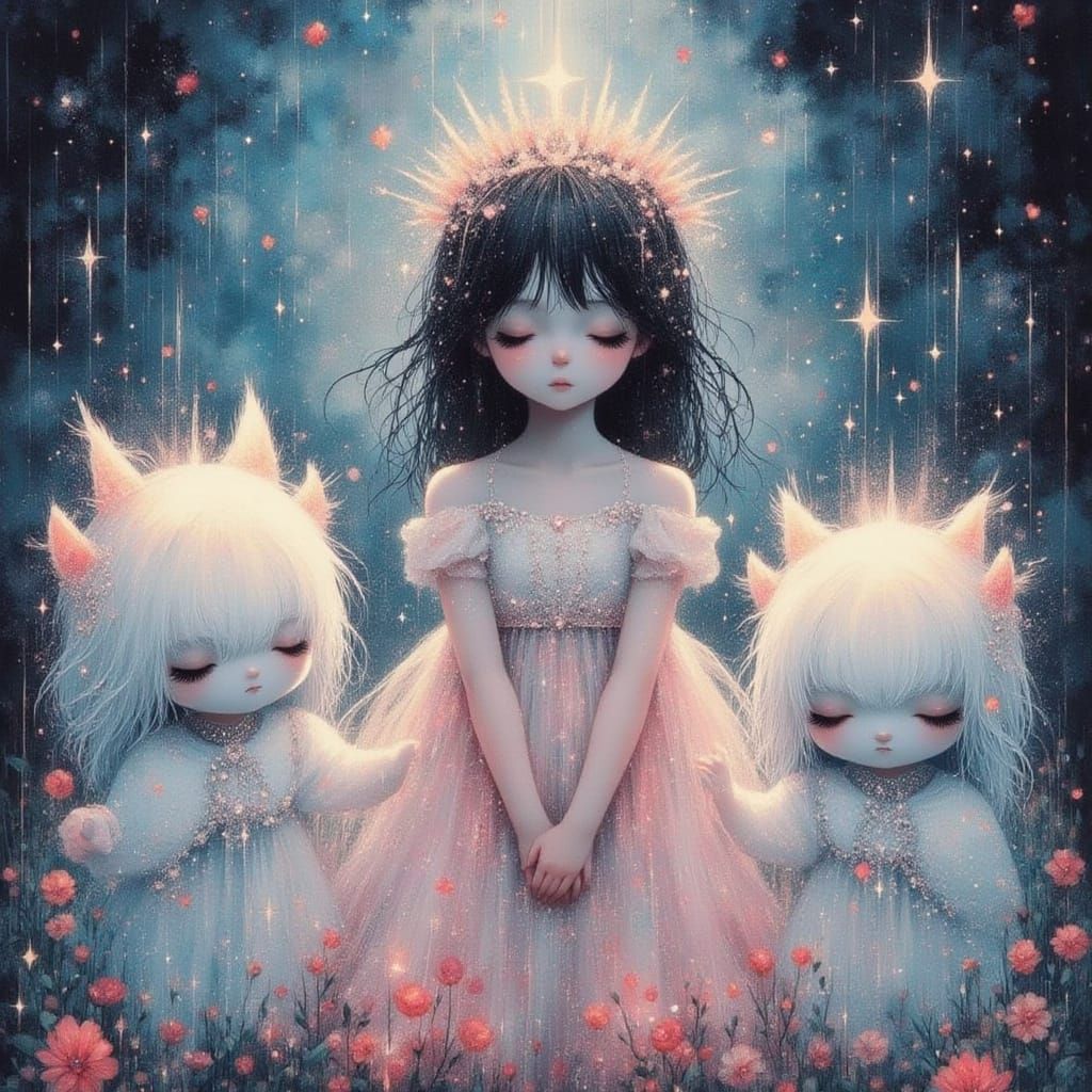 Child with Magical Guardians in Pastel Hues