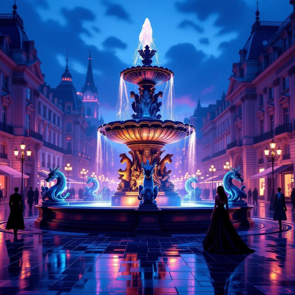 Majestic Fountain in Glamorous City Square at Twilight