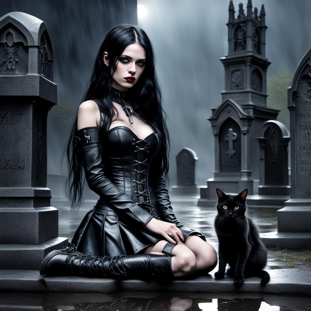 Gothic Girl with Cat in Photo Realism Style