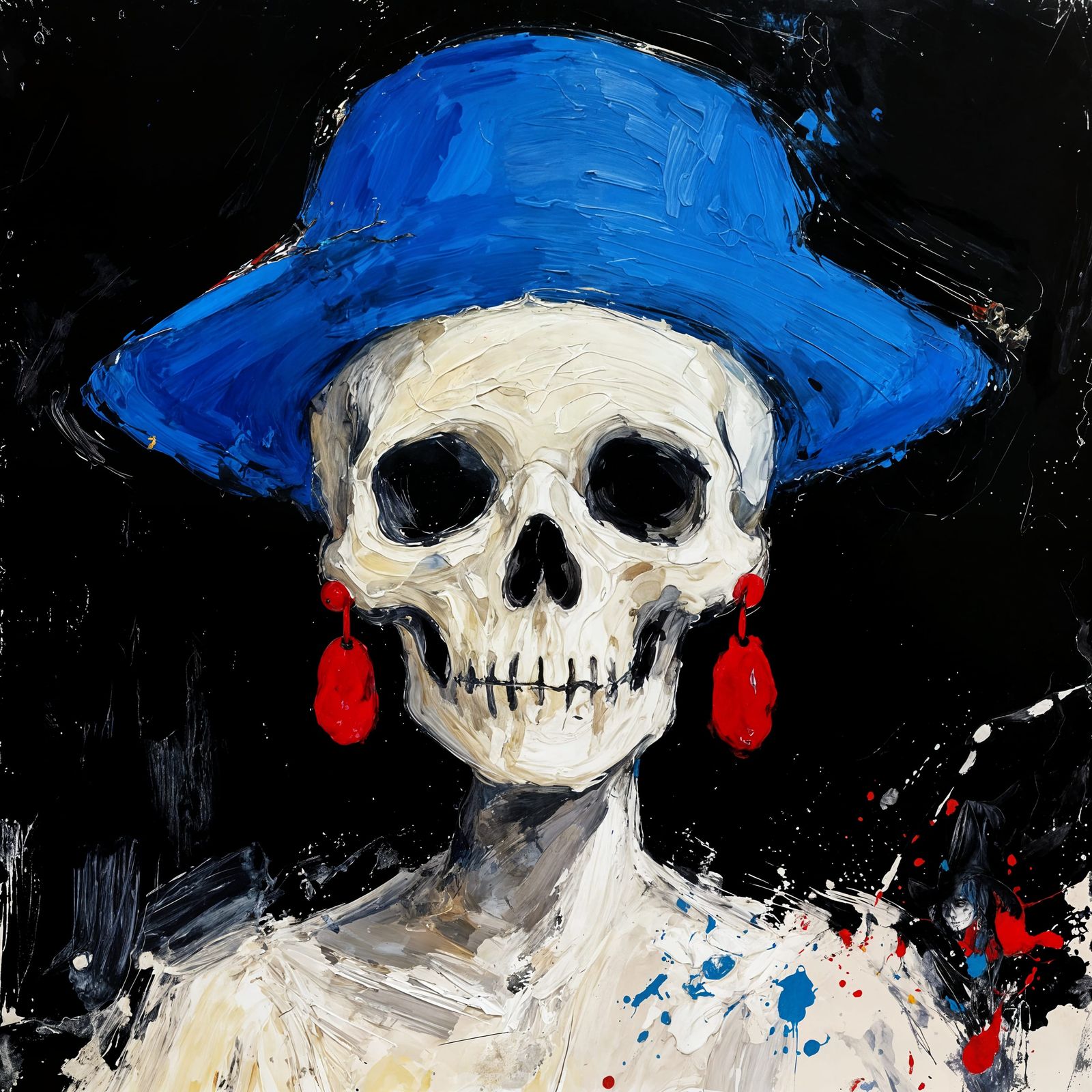 Minimalist Halloween Skull with Blue Hat and Red Earrings