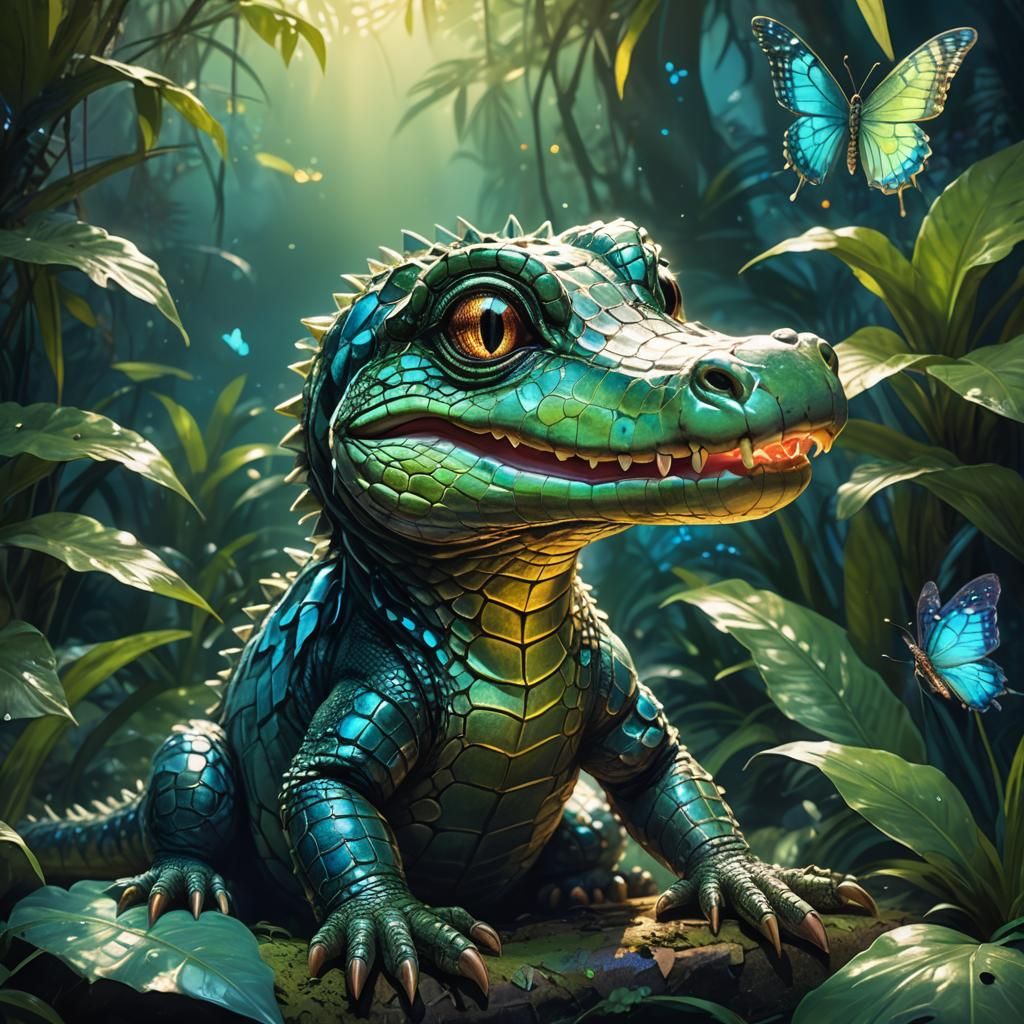 Adorable Baby Crocodile in Mystical Jungle Concept Art