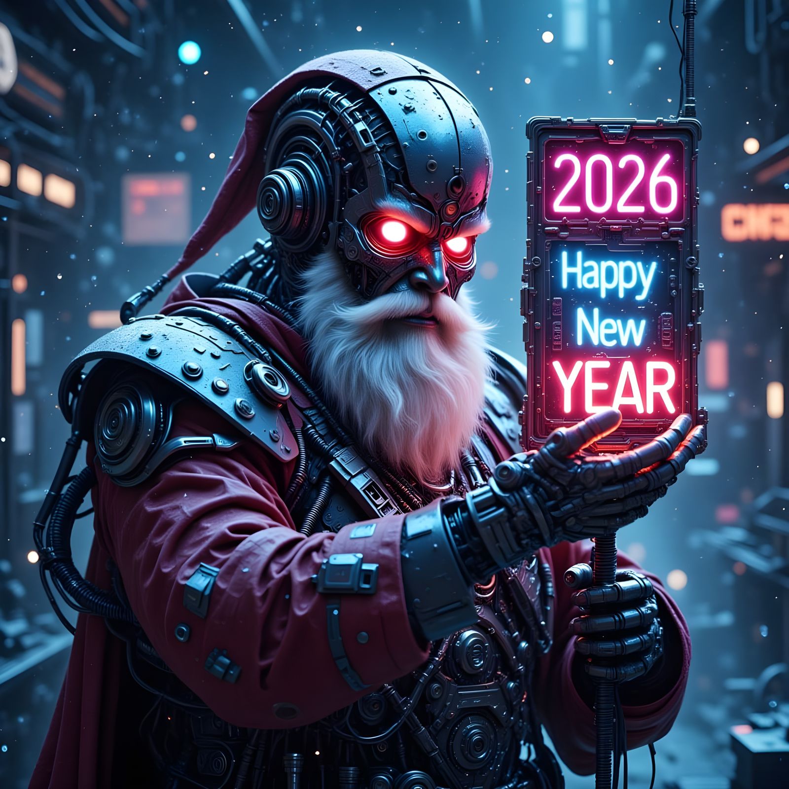 Cybernetic Santa Holds 2026 New Year Sign