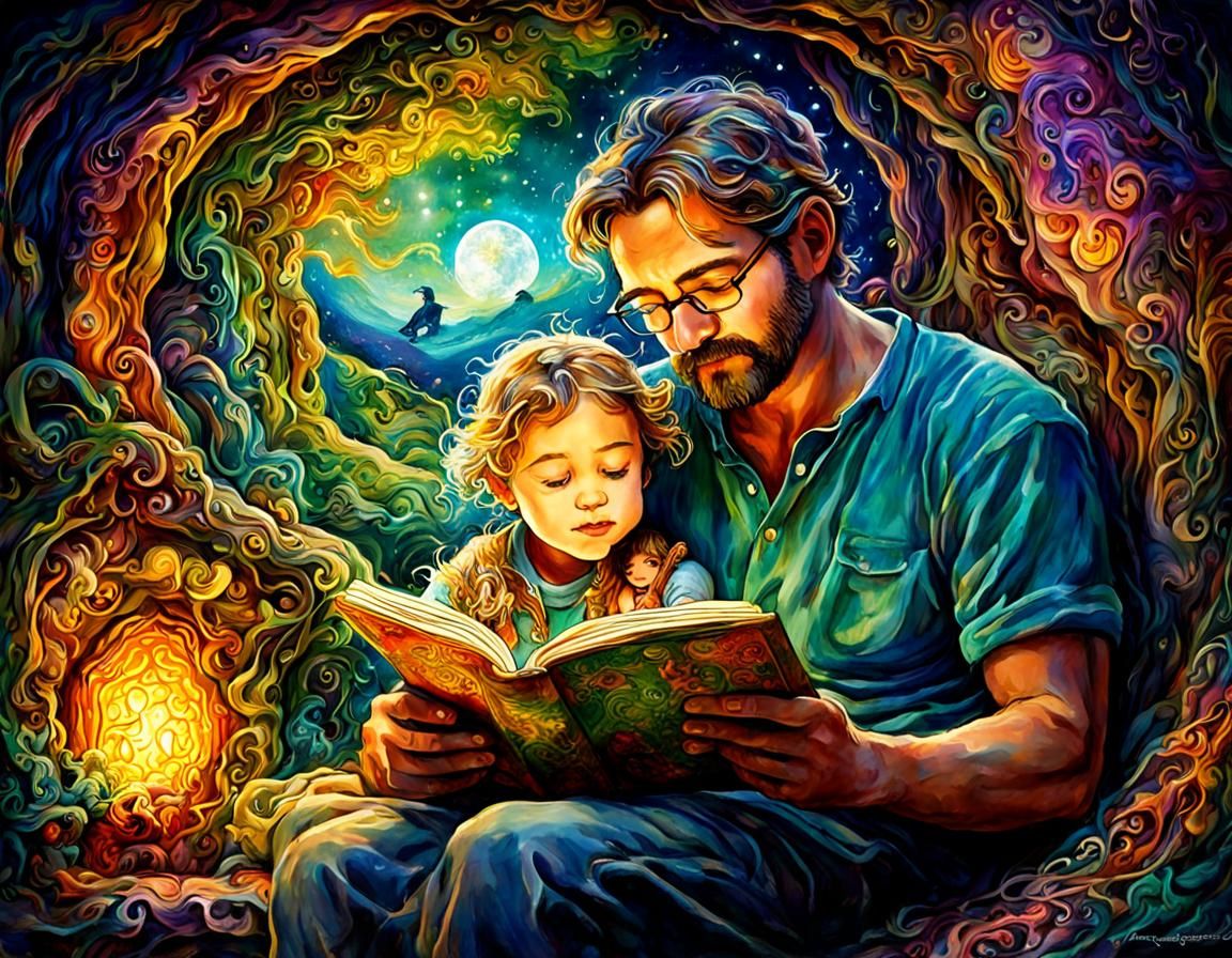 Father and Child Reading: Fantasy Art Nouveau