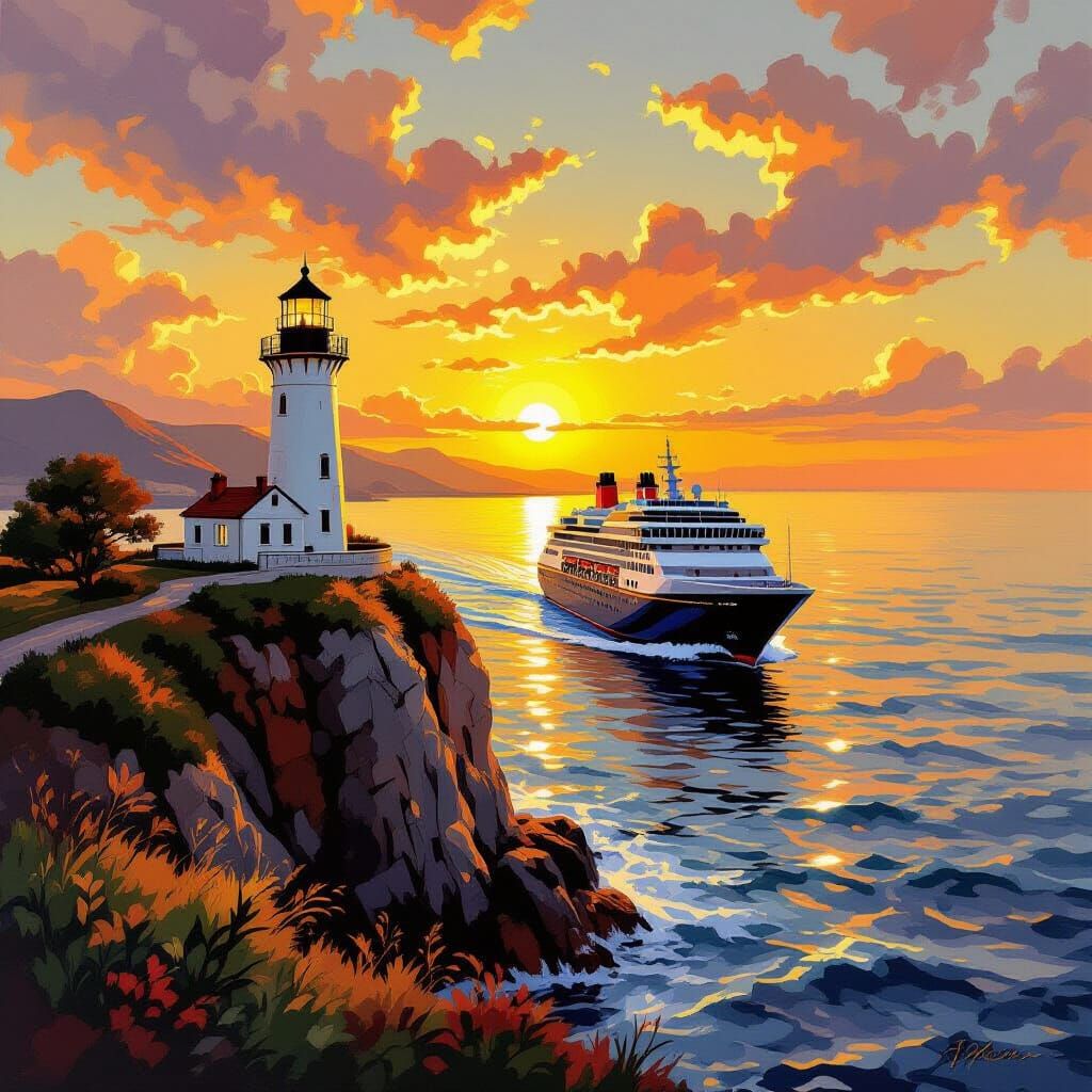 Coastal Lighthouse Illuminates Cruise Ship: Landscape Art