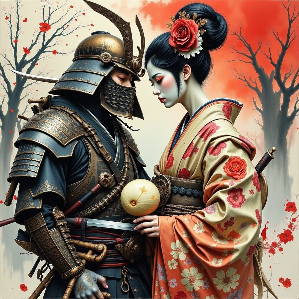 Samurai and Geisha in Dynamic Artistic Fusion