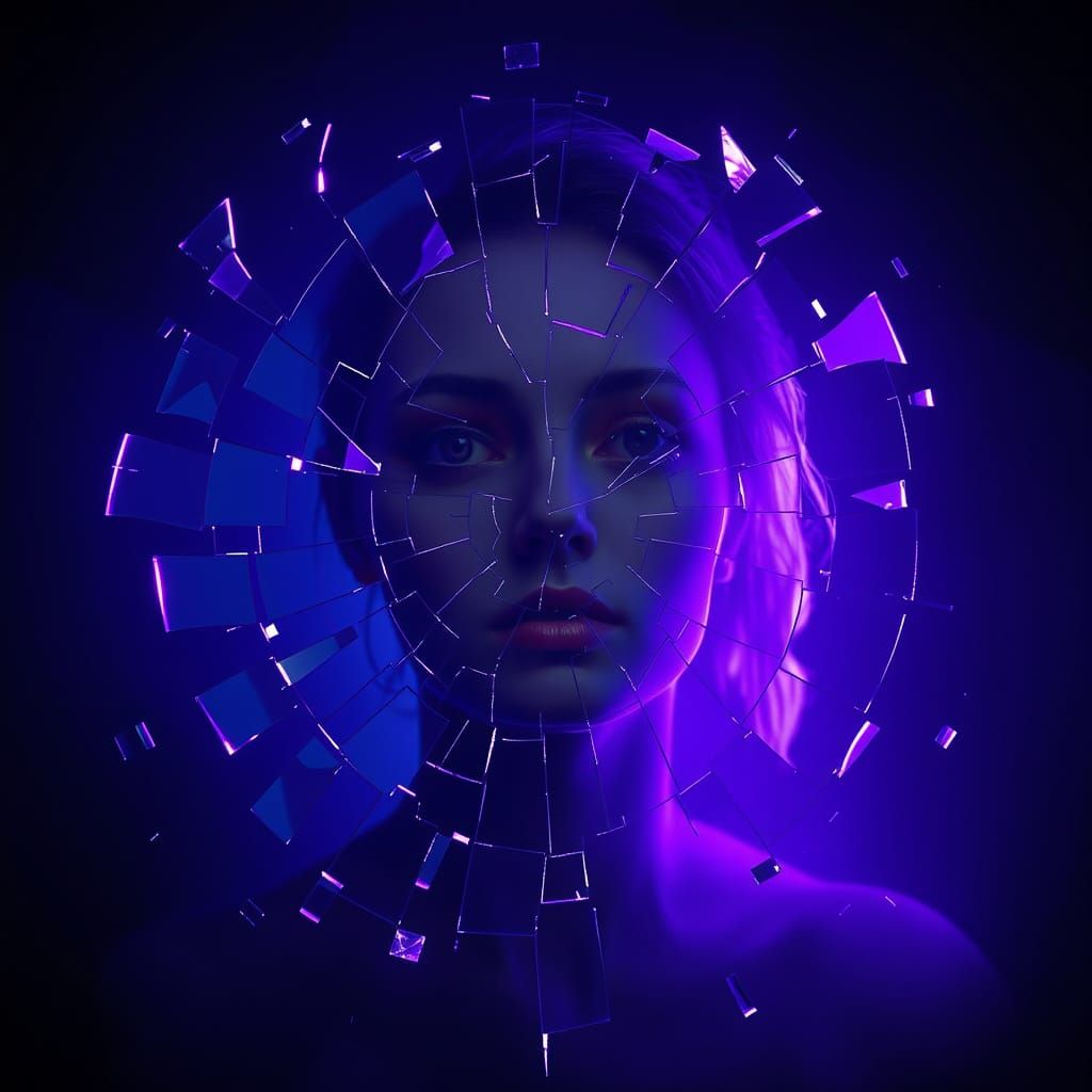 Female Figure of Cracked Mirror Shards in Dark Void