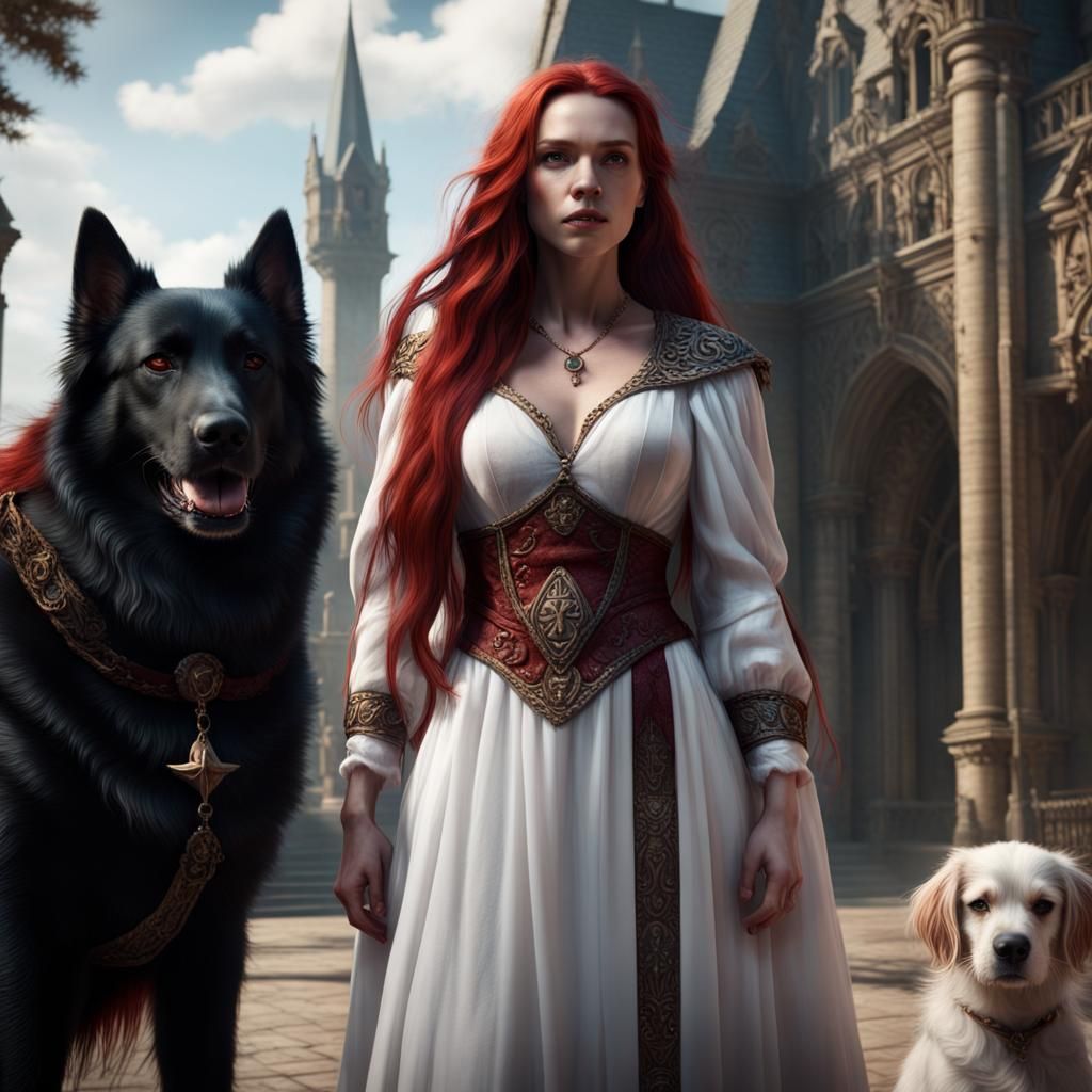 Beautiful Sorceress in Courtyard with Dog: Fantasy Art