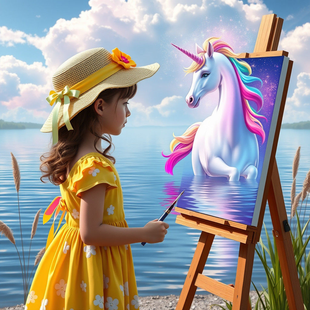 Girl Paints Unicorn, Magical Lake Scene