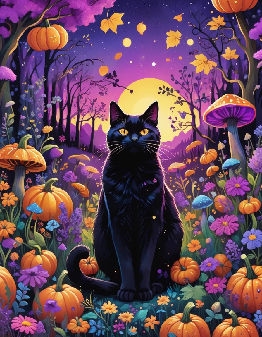 Psychedelic Black Cat in Autumn Wildflower Patch