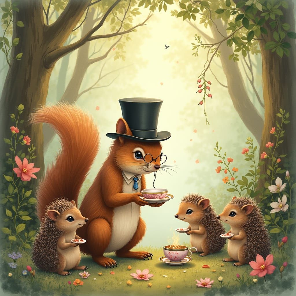 Forest Creatures Tea Party in Watercolor Style