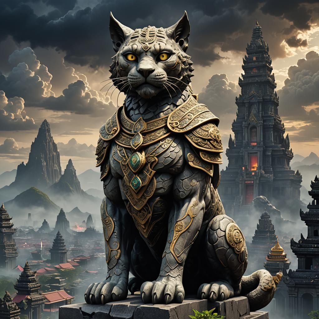 Majestic Tabaxi Statue Over Metropolis: Splash Art