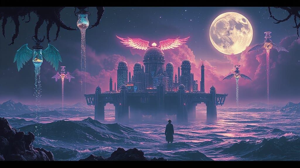 Ethereal City Floating Above Alien Ocean, Digital Art