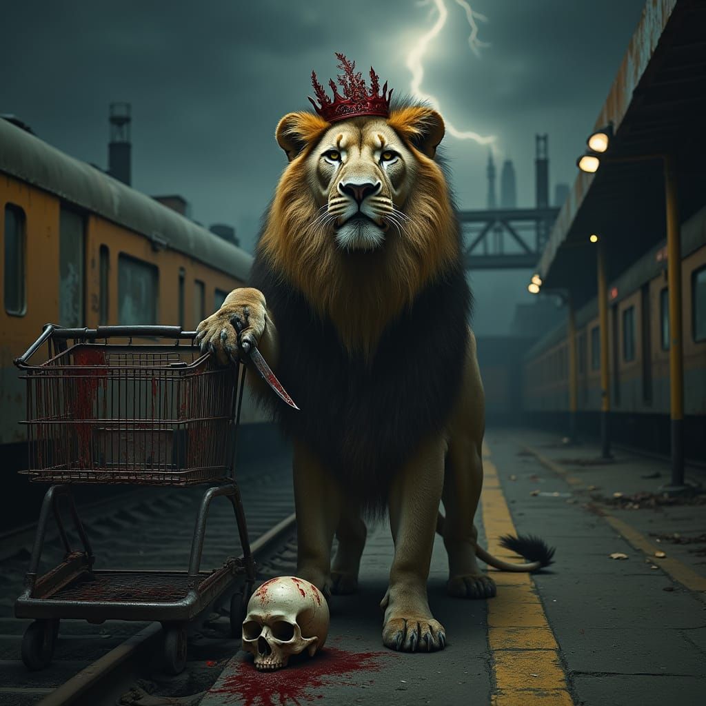 Majestic Lion Reigns Over Grimey Train Station