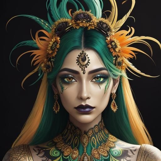Surreal Gold Woman with Peacock Feathers Portrait