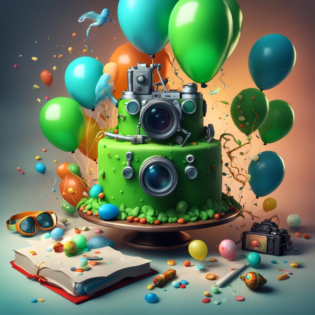 Creative Birthday Cake with Balloons in Detailed Painting