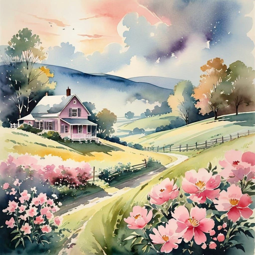 Watercolor swirling smoky 1950s New York to the atmosphere of a baby bird in a sunny countryside with some pink flowers
