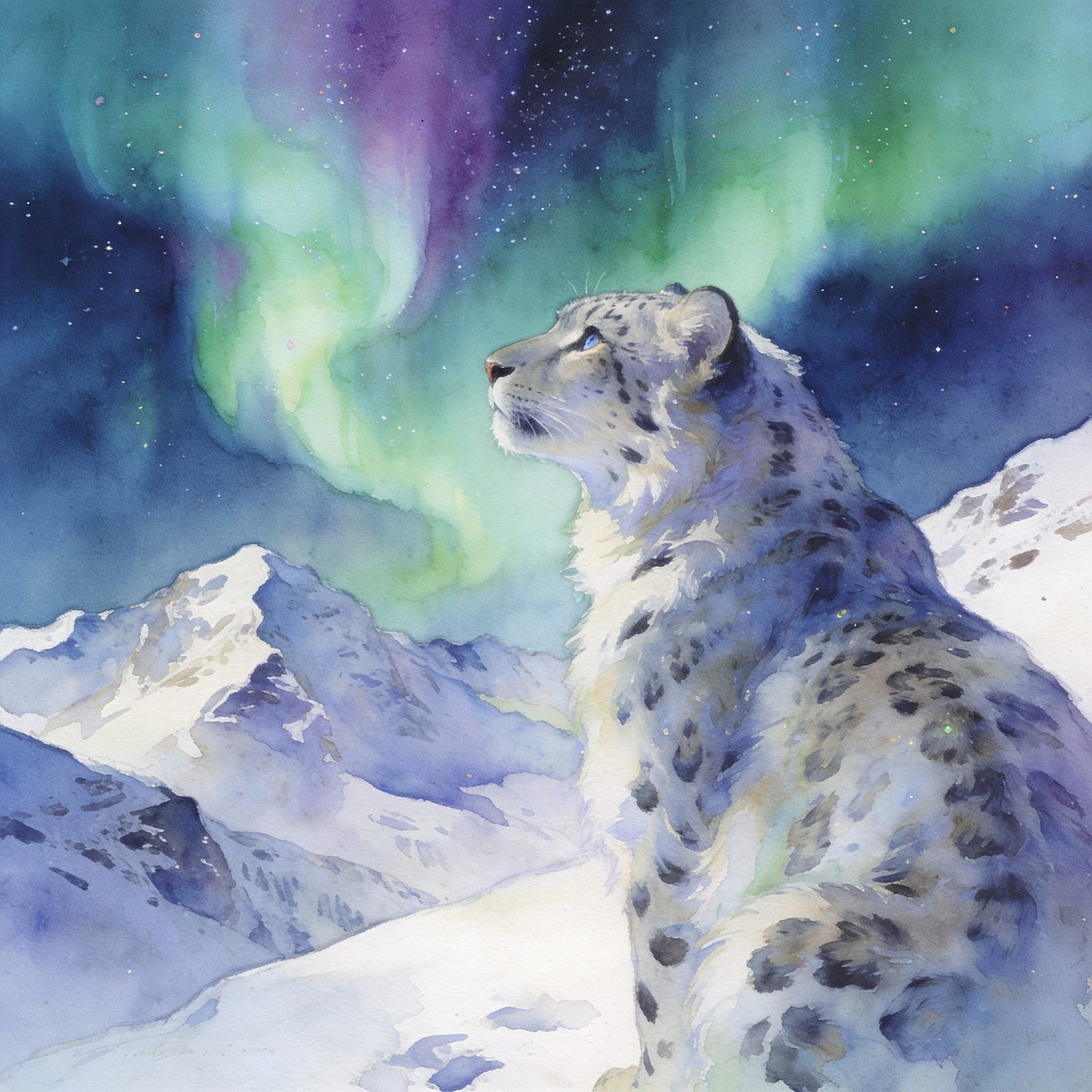 Snow Leopard Under Aurora Borealis in Watercolor Style