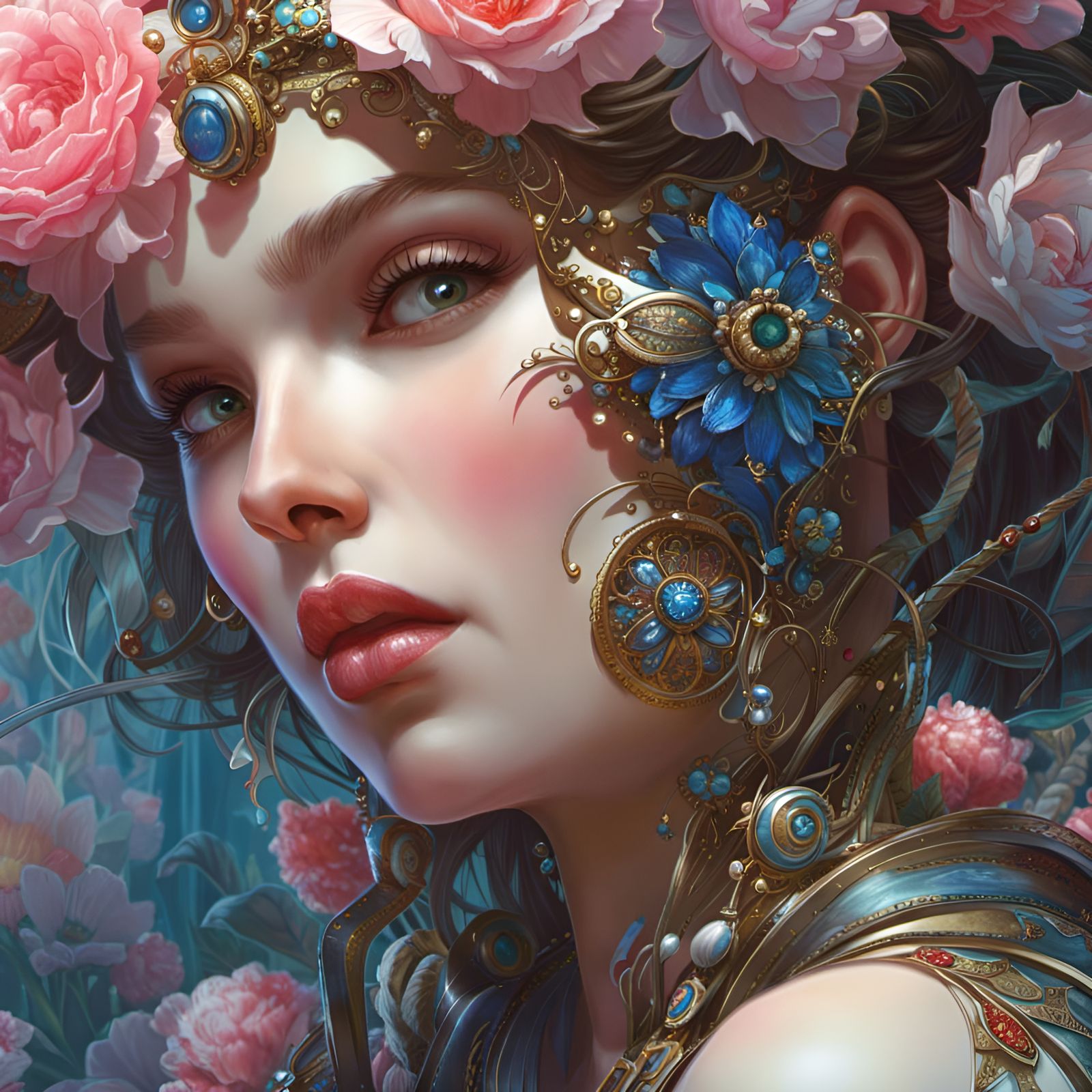 Flowery AI Cyborg in Rococo Style