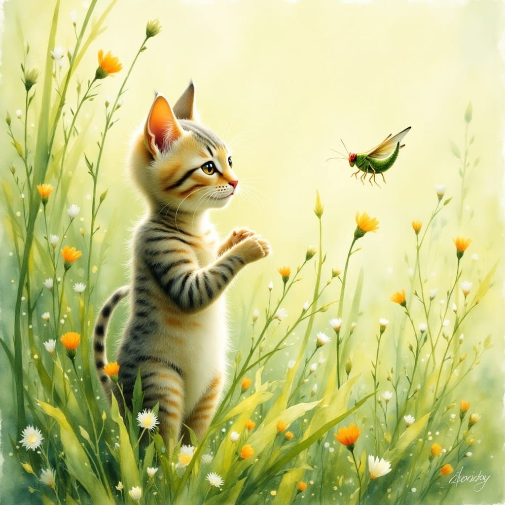 Kitten and Grasshopper in Watercolor Style