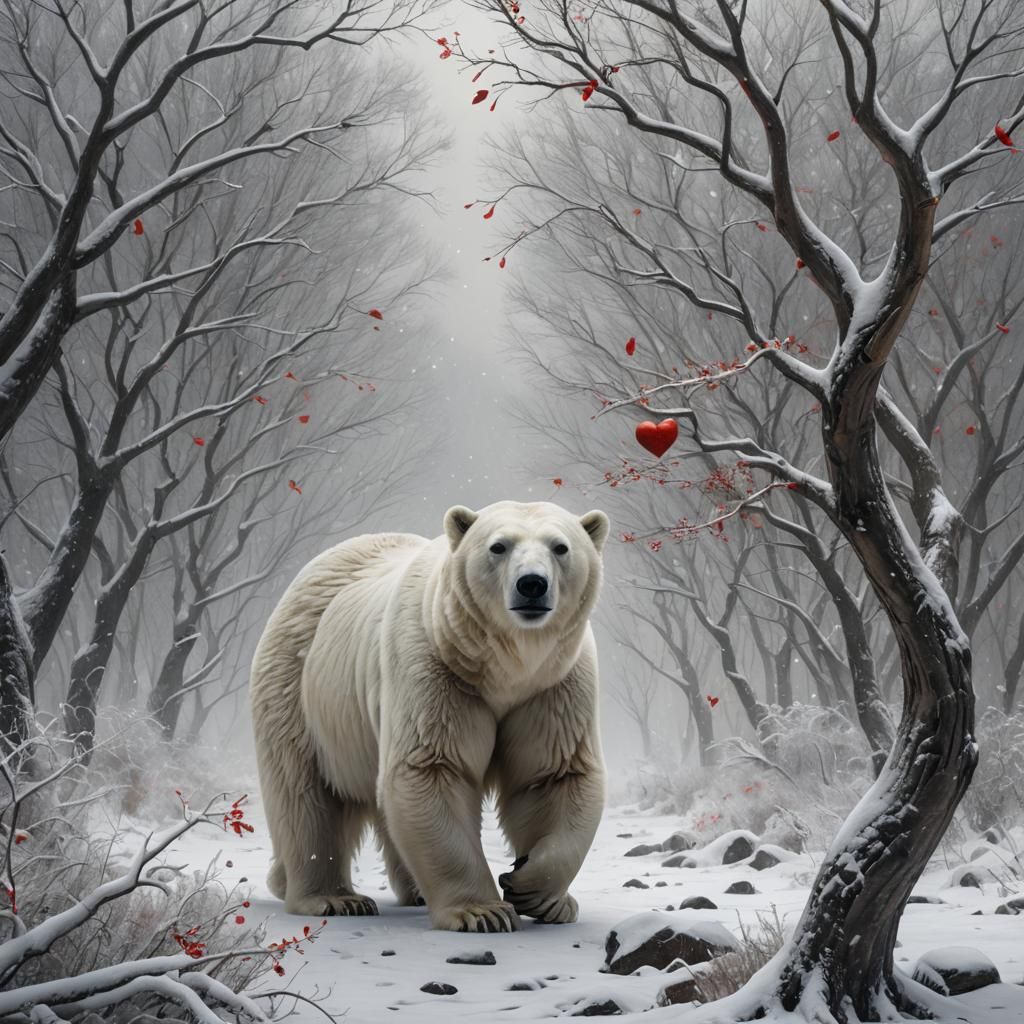 Polar Bear in Snowstorm with Red Robin