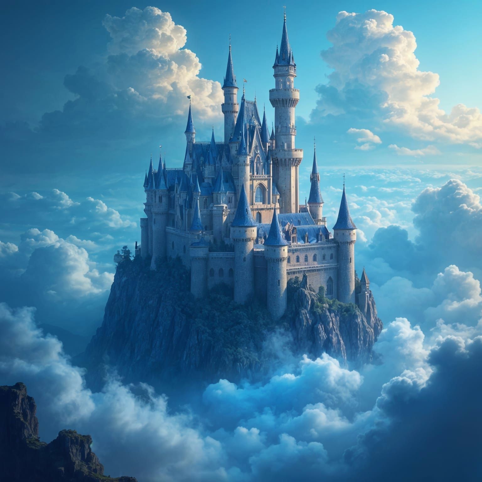 Magical Castle Floating on Cloud with Silver and Blue Towers