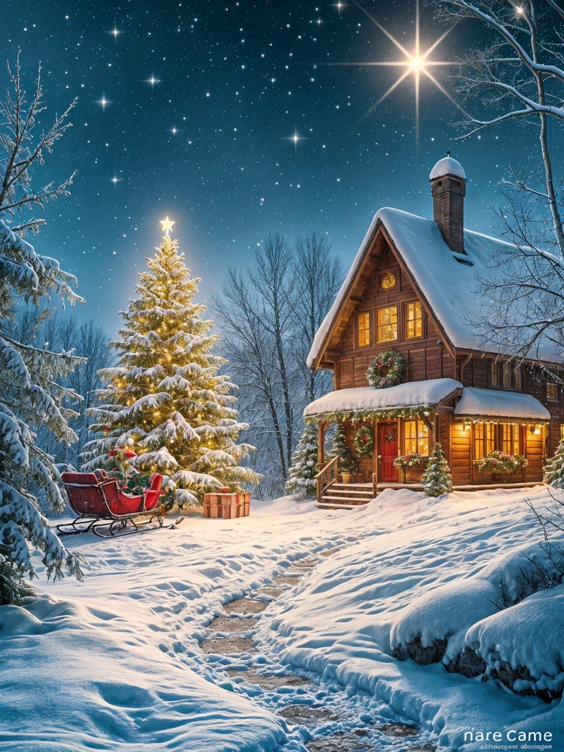 Whimsical Winter Wonderland Christmas Scene in Warm Golds an...